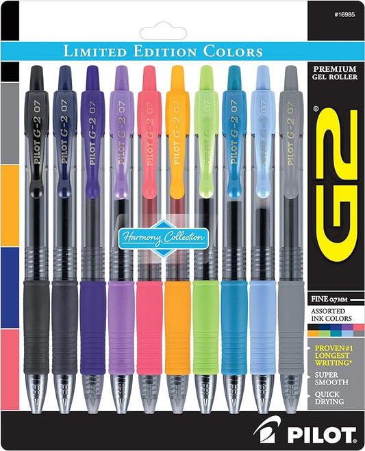 PILOT G2 Limited Edition Harmony Ink Collection Retractable Gel Pens, 0.7mm Fine Point, Gel Pen Set, Assorted Ink, 10-Pack - Ideal for School, Journaling, and Office Writing