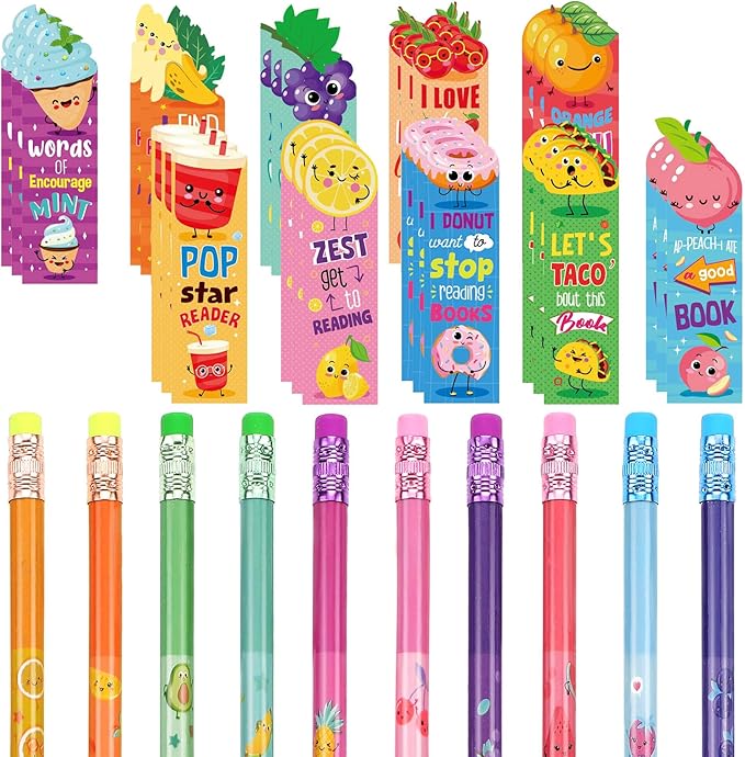 Teling 60 Pcs Inspirational Scented Pencils and Scented Bookmarks Sets Funny Smelly Pencils with Eraser Fruit Theme Bookmarks Cute Stationery Bulk for Reading Rewards Party Favors