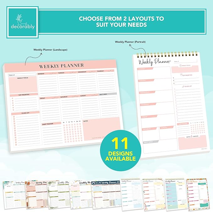 Decorably 52 Sheets Nude Pink Undated Weekly Planner Notepad Tear Off, 11x8.5in Weekly to Do List Notepad Tear Off for Focus, Priorities, To-Do List, Habit Tracker, Agenda, Notes