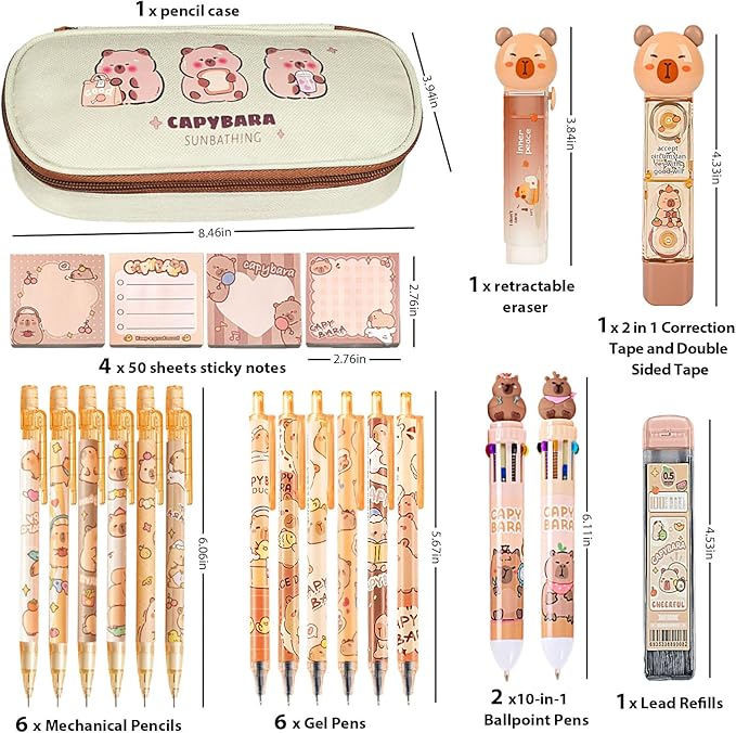 Cute Capybara School Supplies Stationery Set Kawaii Stationery Birthday Christmas Gifts Includes Eraser Mechanical Pencils Erasers Correction Tape Pencil Holder Gel Pens,for Office School Supplies