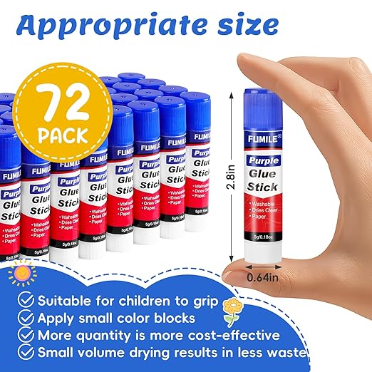 72 Pack Glue Sticks Bulk for Kids, Disappearing Purple Glue Sticks for Classroom and Teacher Supplies.0.18 OZ kids glue Dries Clear, Non-Toxic, Washable, Back to School Supplies and Student Must Haves