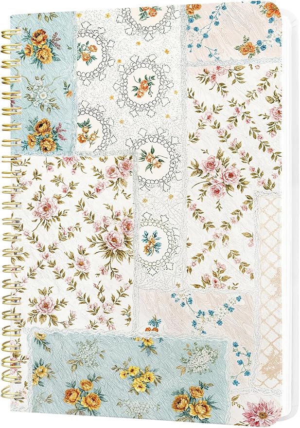 Stanoha Cute Spiral Notebook A5 Journal for Women Girls Kawaii Aesthetic Pretty Floral Design with Pocket, 8.5 x 5.7 inch, Graph, Patchwork Floral