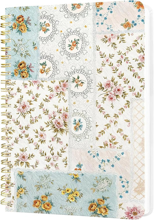 Stanoha Cute Spiral Notebook A5 Journal for Women Girls Kawaii Aesthetic Pretty Floral Design with Pocket, 8.5 x 5.7 inch, Graph, Patchwork Floral