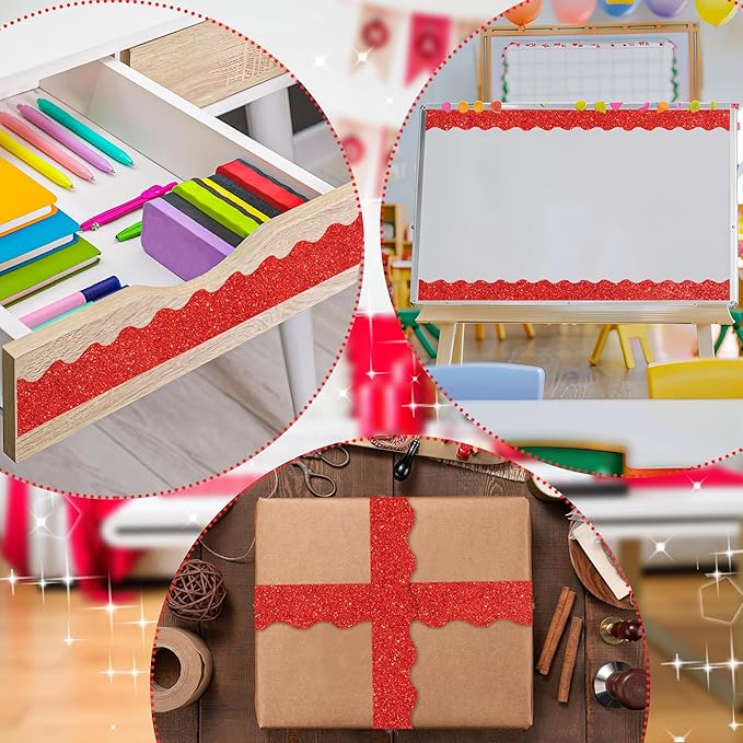 131 Ft Red Glitter Bulletin Board Borders Red Scalloped Bulletin Board Trims Shiny Decorative Border Trims Sparkle Self-Adhesive Border Stickers for Classroom School Home Office Blackboard Desk