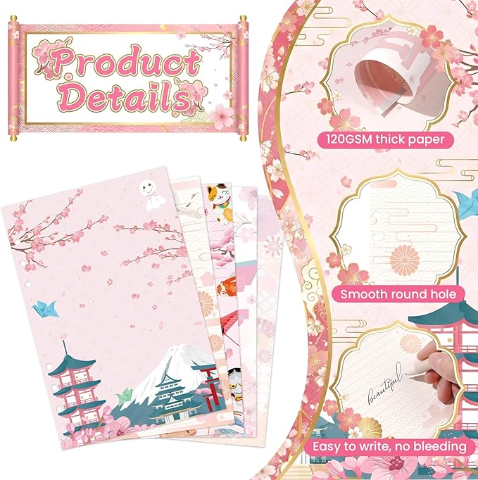 100 Sheets Japanese A5 Planner Inserts - 120GSM Thick Cherry Blossom Refill Paper for A5 6-Ring Binder, Sushi Cranes Fans Temples 6 Hole Loose Leaf Sheets for Journal Diary Notebook Budget Planning