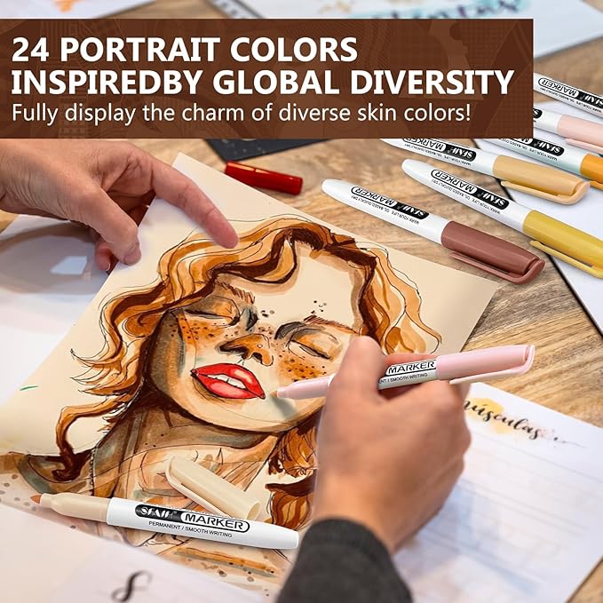 SFAIH 24 Skin Tone Permanent Markers - Assorted Portrait Colors, Fine Tip Alcohol-Based Marker for Portrait, Figure, Animals, Trees Painting, Coloring Book, Decorate Wood, Quick Drying, Fade Resistant
