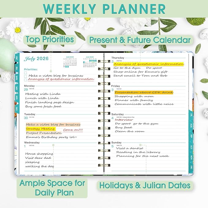 Ymumuda 2026 Planner, Daily Weekly and Monthly Planner，Jan 2026 - Dec 2026, 8.4" x 6.3", 2026 Calendar Planner Book with Tabs, Spiral Notebook with Inner Pocket for Office Home School Supplies