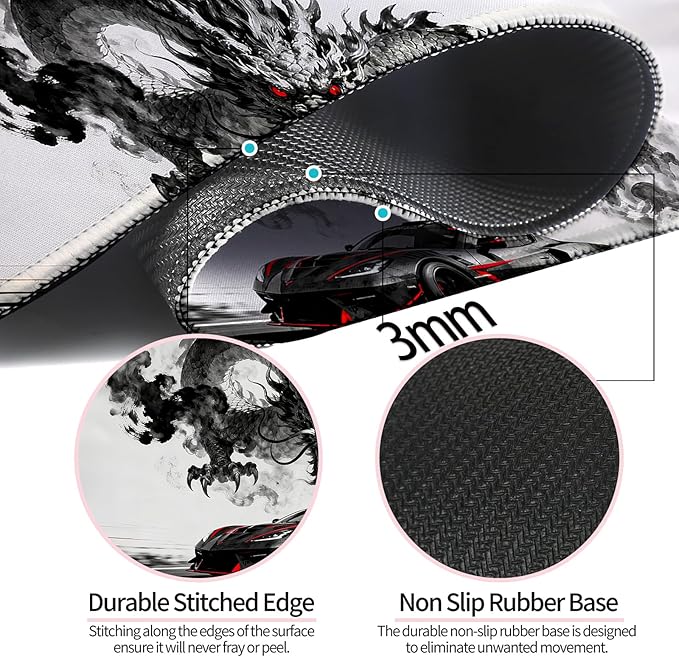 Gray Dragon and Cool Sport Car XL Large Desk Mat, Extended Long Desk Pad for Gaming and Office, Non-Slip Rubber Base, Comfortable Surface Mouse Pad, 31.5x11.8 in (H19)