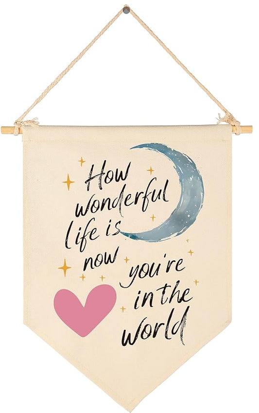 How Wonderful Life Is Now-Canvas Banner Flag Sign Pennant Poster Wall Decor Gift for Baby Boy Girl Kids Nursery Baby Room Above Crib Bedroom Playroom Door-Baby,Shower,Birthday Christmas Gift