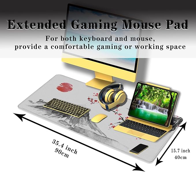 Large Mouse Pads White, Home Office Desk Pad Gaming Mat, Desk Mat Large Non-Slip Rubber Base Waterproof with Stitched Edges, 35.4 X 15.7 inch for Work/Game/Office Japan Traditional Painting