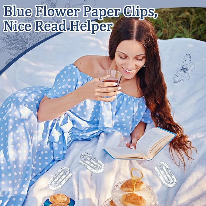 Tinlade 12 Pcs Blue Floral Jumbo Acrylic Paper Clips 4 x 2 Inch Blue and White Cute Giant Paperclips for Teachers Students Classroom Office Bookmark Gift Home Desk Accessories Book Lovers