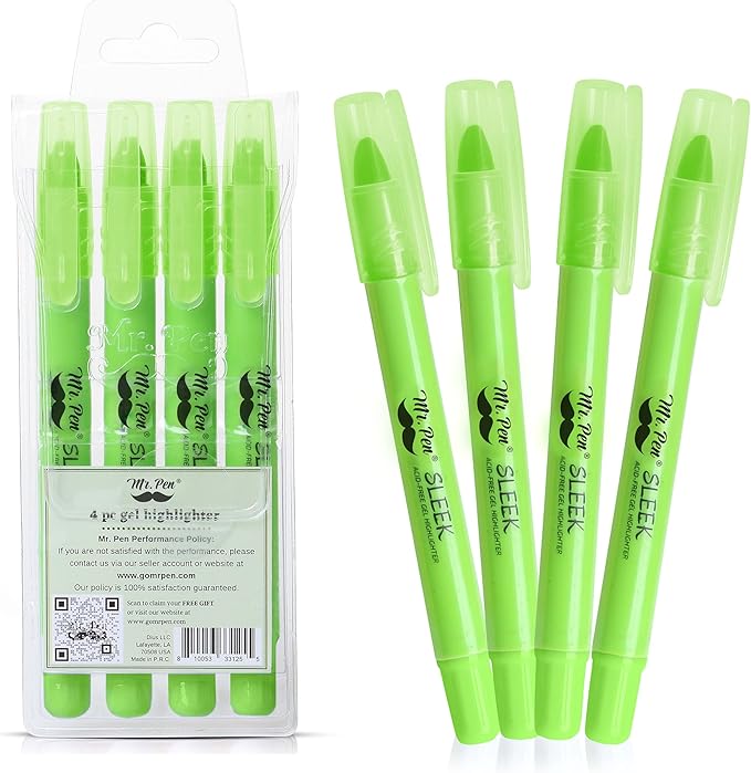Mr. Pen No Bleed Gel Highlighter, Bible Highlighters, Green, Pack of 4