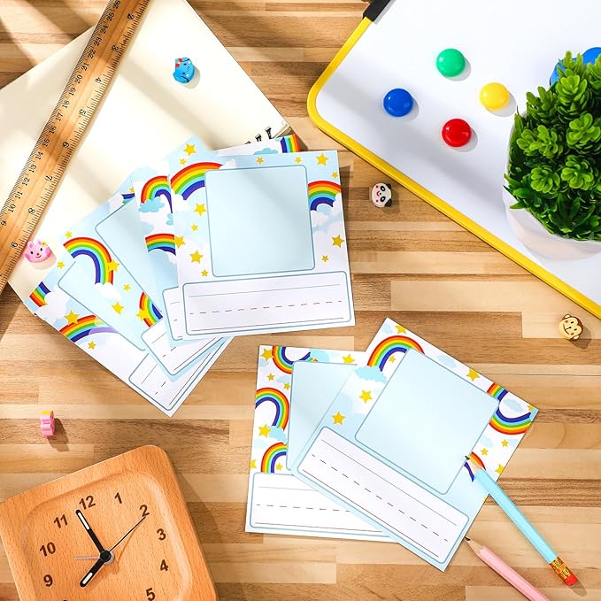 48 Pcs Photo Nameplates for Desk Name Tags Labels Stickers with Photo Space Self-Adhesive Labels Bulletin Board Colorful Indoor Decoration for Desk Bins Cubbies Office Supplies (Rainbow)
