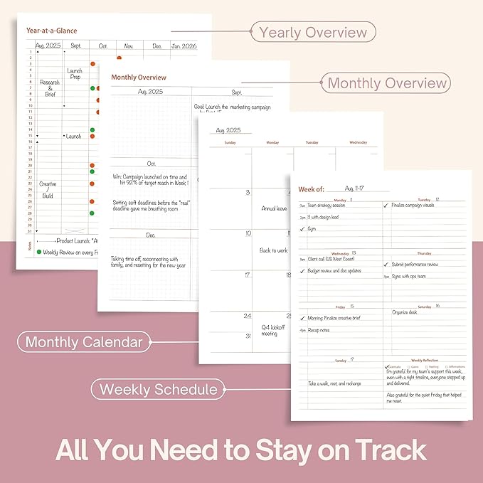 Undated Weekly Planner, 8.5x11” – Dashboard Layout with Yearly Review, Monthly Calendars, & Weekly To Do List, Spiral Bound Organizer for Work, Study & Life (Pink)