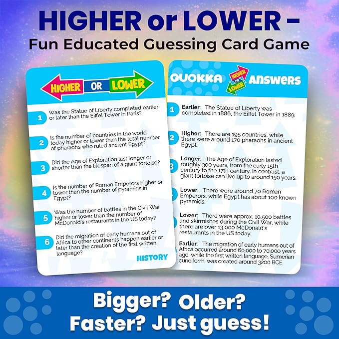 QUOKKA History Board Game for Kids 10-14 Year Olds - Family Card Game for Kids and Adults - Higher or Lower | Guess Fun Questions | Easy to Learn | 2 + Players - Challenge Game for Family Night