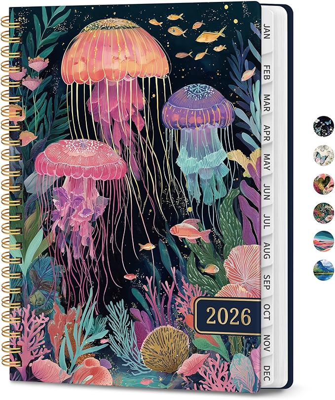 2026 Planner, Weekly and Monthly Planner for Women, January 2026 to December 2026, Pretty Hardcover 2026 Calendar Planner Book with Tabs, Inner Pocket, Spiral Bound, Perfect Office Home School Supplies - 6.3" x 8.5", Jellyfish