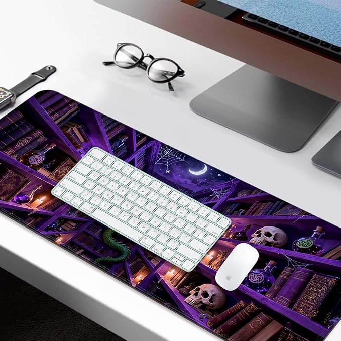 Fantasy Magic Bookshelf and Dragon XL Large Desk Mat, Extended Long Desk Pad for Gaming and Office, Non-Slip Rubber Base, Comfortable Surface Mouse Pad, 31.5x11.8 in (H26)