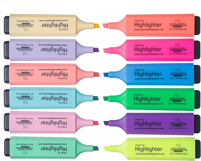 Apostrophe Games 12 Highlighters, Chisel Tip Assorted Color Set, Fluorescent and Pastel Colors - Dry-Quickly Non-Toxic Highlighter Markers, Office, School Supplies
