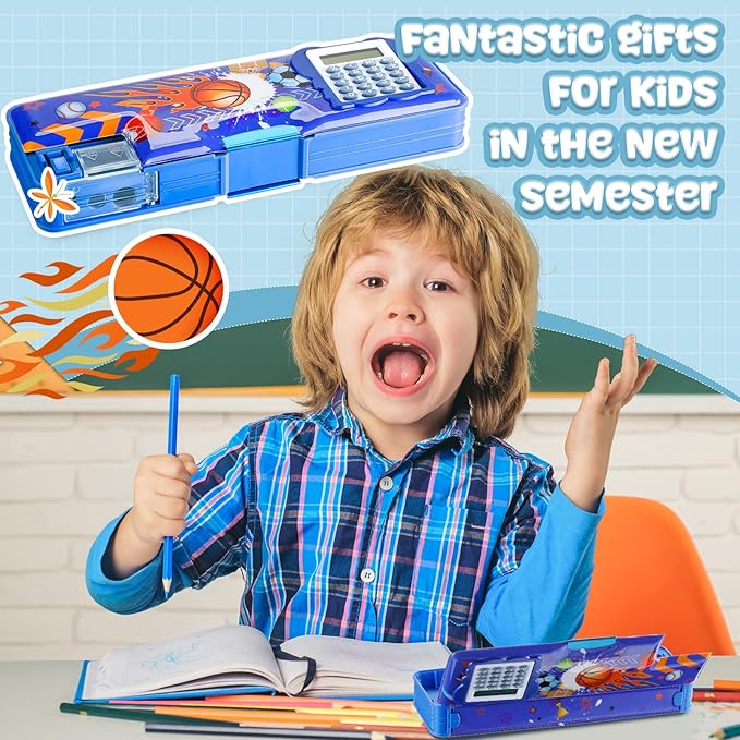 Henoyso Multifunctional Pencil Box for Boys Basketball Pencil Case with Calculator and Sharpener Cool Cute Pencilcase School Supplies Essentials Christmas Birthday Gift Present for Kids Teen