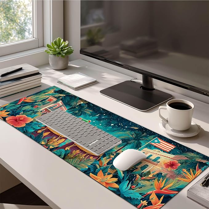 Large Mouse Pad Gaming Mousepad 31.5 x 11.8 Inch Keyboard Desktop Mat Diatomite XL Mouse Pad for Home and Office Desk Accessories with Tropical City Drum Frog Artwork and Smooth Diatomite