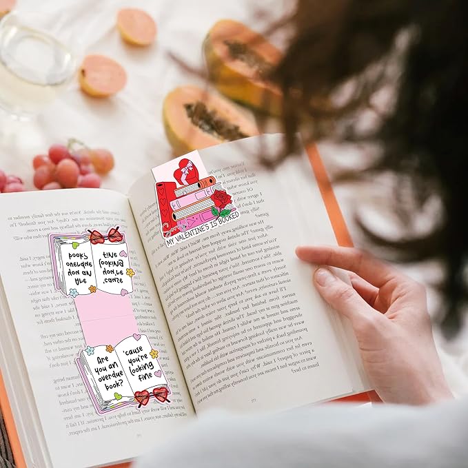 Valentines Day Magnetic Bookmarks, 10 Pcs Cute Pink Magnet Book Marks for Reading Women Book Lovers, Valentine Bookish Gifts for Her, Romantic Page Marker Clips for Journals Novels