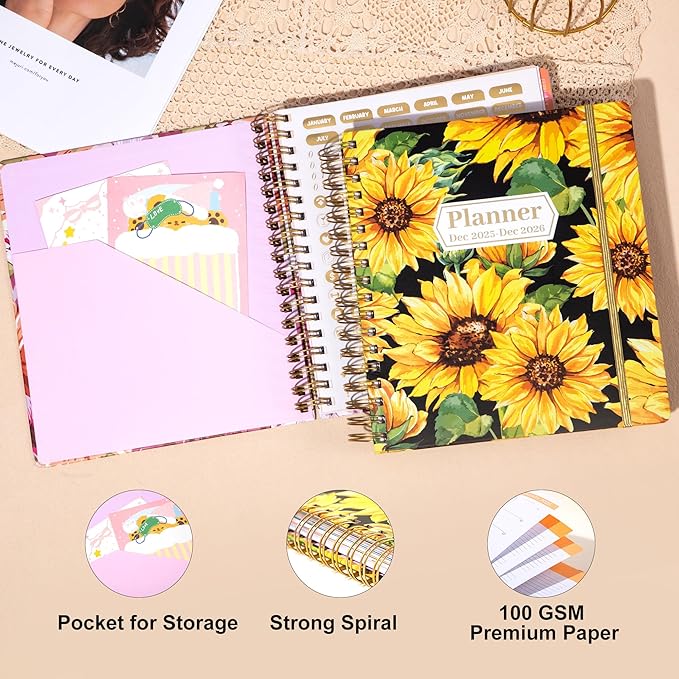 CAGIE 2026 Planner Weekly and Monthly Dec 2025-Dec 2026 Hardcover Calendar Planners with Stickers& Month Tabs for Women Spiral Bound 26 Yearly Agenda, 8.3"x9.1", Sunflower