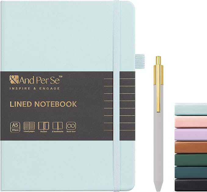 &And Per Se Lined Journal and Pen Set, A5 Leather Hardcover Notebook with Pen & Stationary Set, 160 Pages 100GSM Thick Ruled Paper Journal for Business Work Writing (Cyan)
