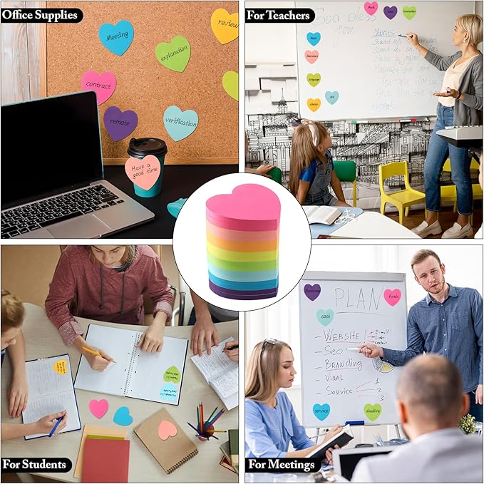 Heart Sticky Notes 8 Colors 60 Sheets/Pad, 960 Sheets Colorful Self-Stick Note Pads Stationary Cute Desk Accessories Office School Teacher Supplies Teacher Valentine Gift Accessories for Coworkers