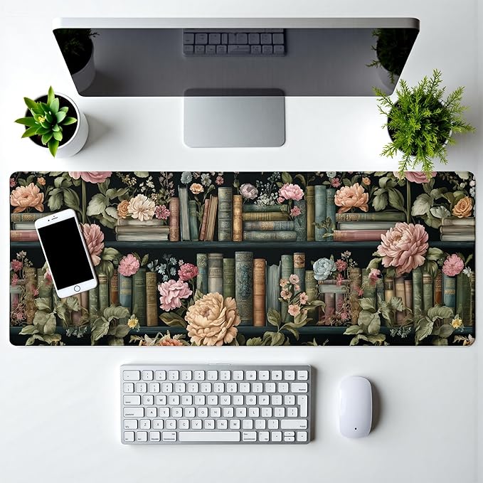 Floral Books Gaming Mouse Pad Reading Mouse Pad 31.5x11.8 Inch Flower Bookshelf Desk Mat Non-Slip Rubber Base Large Mousepad Stitched Edges Keyboard Mouse Mat Desk Pad for Office and Home