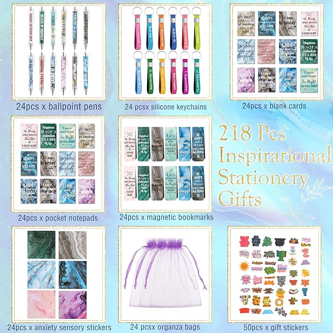 Pasimy 218 Pcs Inspirational Stationery Gifts Motivational Mini Notepad Pen Quote Bookmarks Stress Relief Stickers Inspiring Silicone Keychains for Home Office Appreciation Gift(Marble)