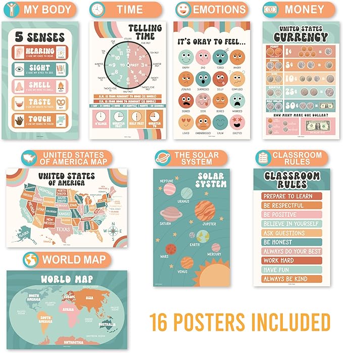 Hadley Designs 16 Educational Posters for Classroom Decor - Learning Posters for Toddlers 1-3, Alphabet for Classroom Wall, Daycare Essentials, Homeschool Posters Preschool, Retro Playroom Decor