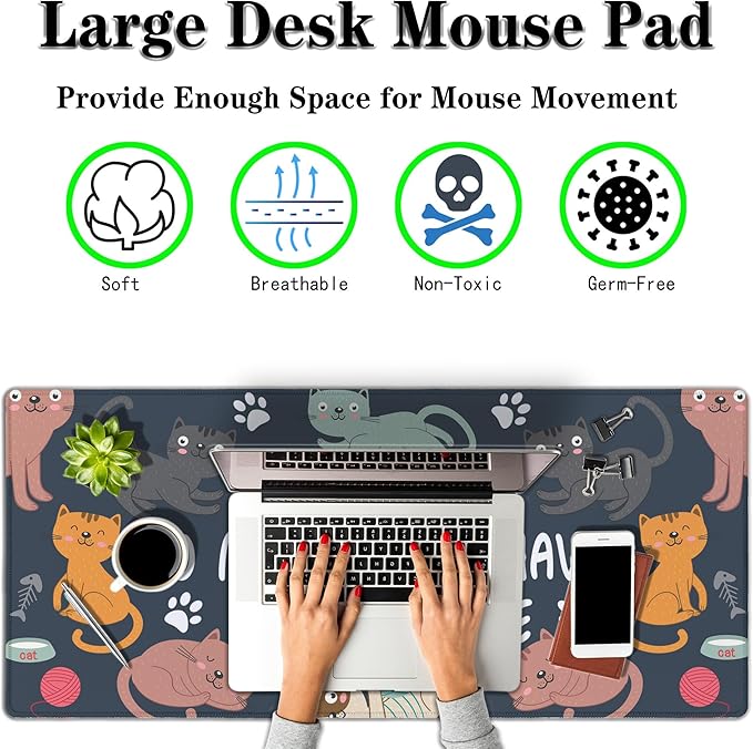 Full Size Mouse Pad Funny Cat Cute Gaming Mouse Pad Extra Large Mouse Pads Computer Mat Work Desk Mat Non-Slip Rubber Base Waterproof with Stitched Edges 35.4" X 15.7" for Game Office,