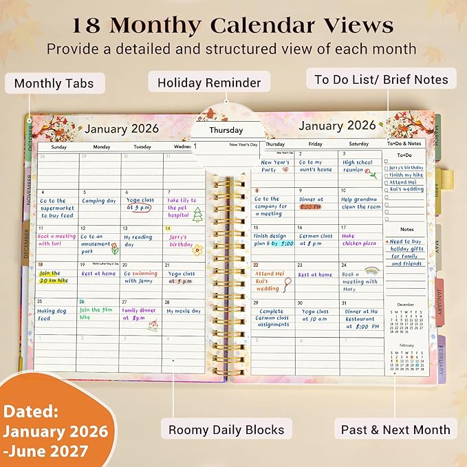 Planner 2026-2027, 18 Months Weekly and Monthly Daily Planner from January 2026 - June 2027, 5.75" x 8.38" A5 Hardcover Agenda Organizer Book 2026 with Tabs, Spiral Yearly Calendar Planners for School Work Home, Autumn Tree