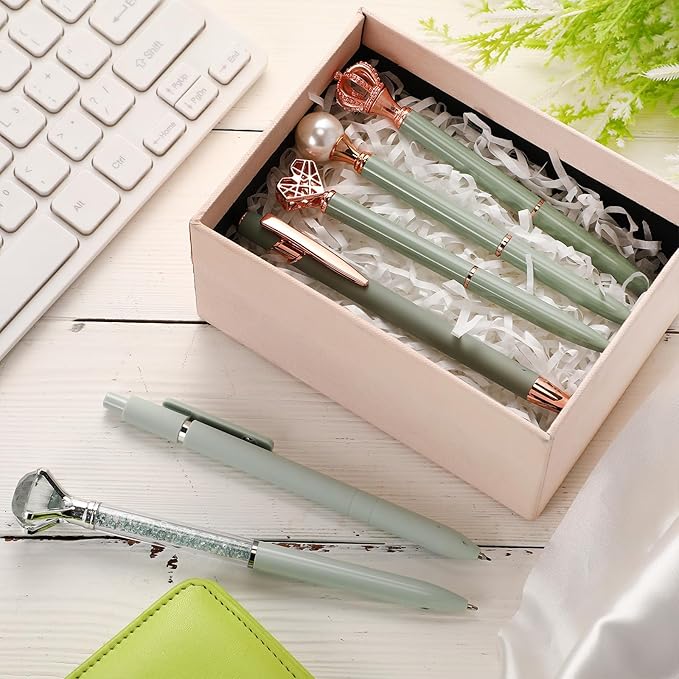 6 Pcs Ballpoint Pens Set Metal Crystal Diamond Pen for Journaling Glitter Pretty Black Ink Fancy Gifts Cute Stationery for Women Girls Teacher Office Wedding School Supplie (Sage Green)