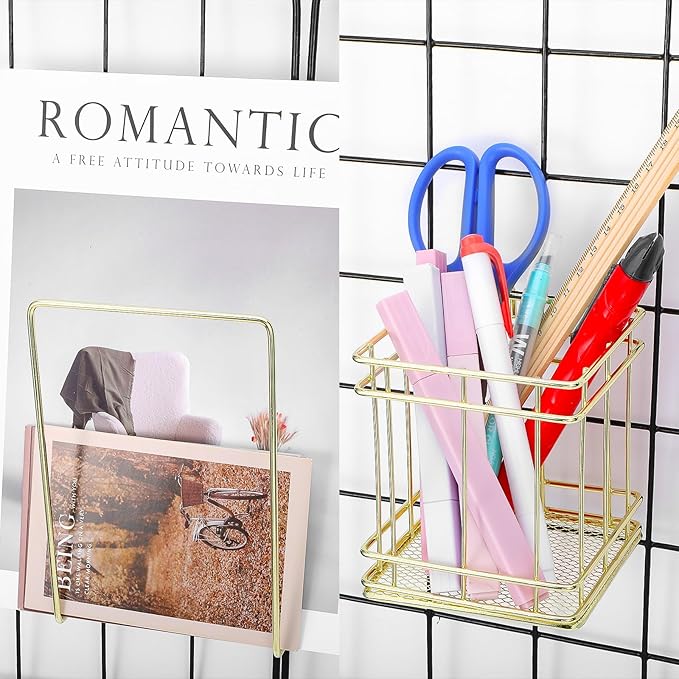 Metal Mesh Wall Grid Panel Hanging Basket,Display Shelf,Pen Holder,Hooks Rack,Bookshelf,Decorative Desk Storage Organizer for Office,Study,Set of 5 (Gold)