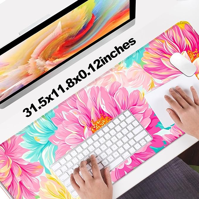 Pink Flower Gaming Desk Mat, Computer Keyboard Large Extended Long Floral Mouse Pad for Office and Home, XL (W29)