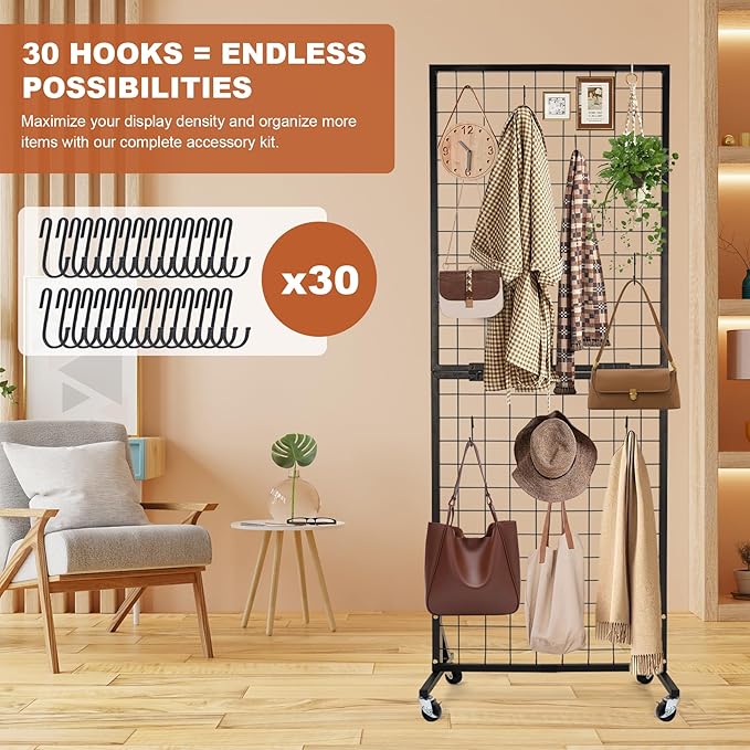 Foldable Grid Wall Panels Display Rack 5.6' x 2' FT with 30 Hooks, Movable Gridwall Display Stand for Retail Display Craft Merchandise