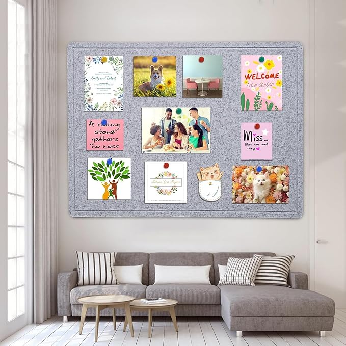 Large Bulletin Board - 60 X 36 inches Decorative Felt Pin Board - 5' x 3' Cork Board Alternative for Wall - Foldable Photo Board Self-Adhesive Vision Board Prayer Board with 30 Pushpins - Silver Gray