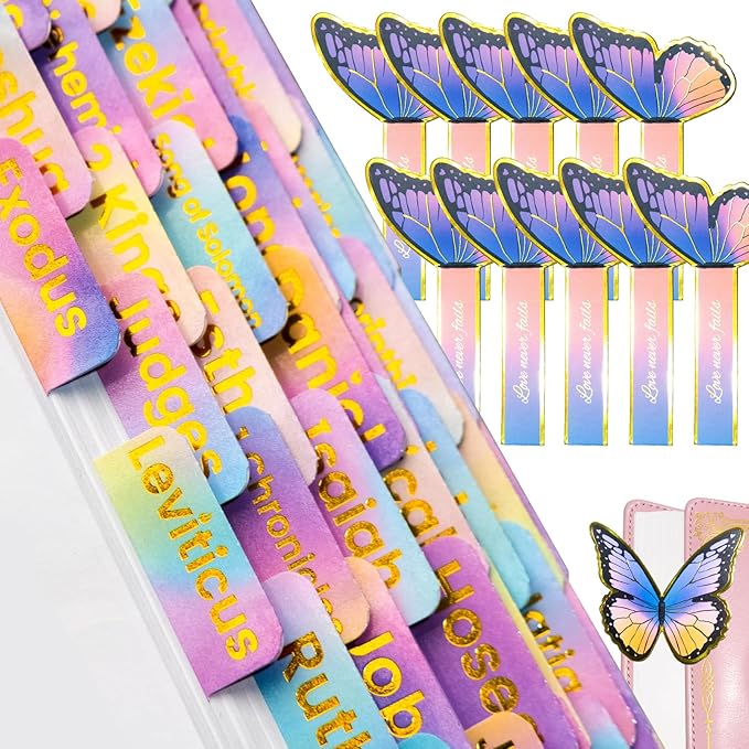 Bible Tabs with Unique Stickers, Gold Foil Laminated Bible Tabs, Bible Tabs for Women, Christian Gifts, Large Print Bible Tabs, Bible Book Index Tabs Labels, Bible Study Supplies (Rainbow HD10)