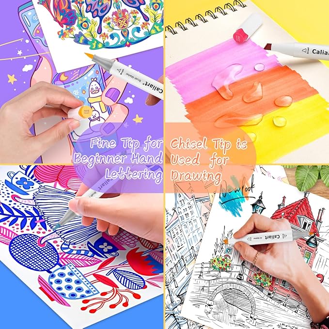 Caliart Alcohol Markers, 24 Colors Art Marker Set Fine & Chisel Dual Tip, Permanent Colored Pens for Adults Coloring Book Artists Illustration Sketch Lettering Drawing Cards Planner