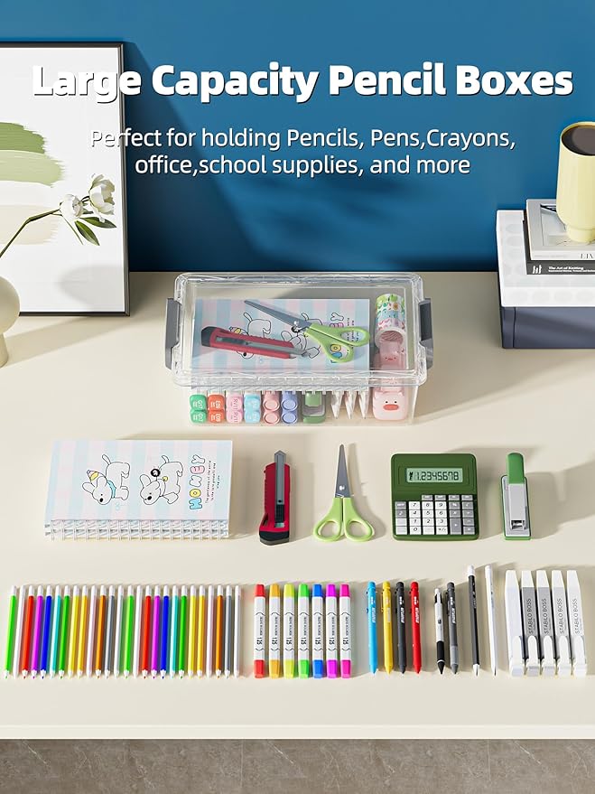 4 Pack Extra Large Pencil Box, Plastic Pencil Case Organizer, Clear Crayon Box Marker Organizer, Stackable Craft Organizers and Storage for Pen, Craft, Art Supply(Blue)