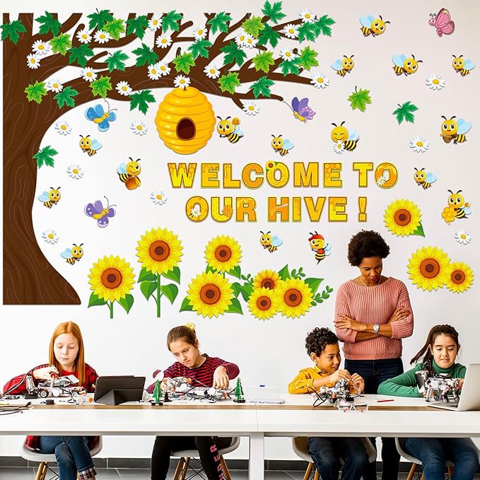 Zonon 111 Pcs Bee Bulletin Board Decorations Summer Sunflower Classroom Decorations Beehive Classroom Tree Cutouts Bulletin Board for Back to School Party Supplies(Vibrant Style)