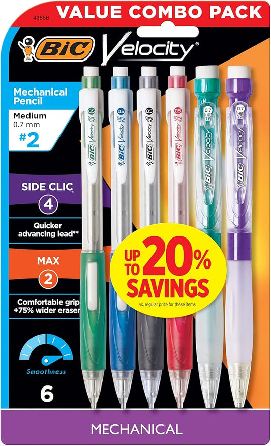 BIC Velocity Mechanical Pencils, With Colorful Barrel, Medium Point (0.7mm), 6-Count Pack Mechanical Pencils With Eraser and Lead Refills