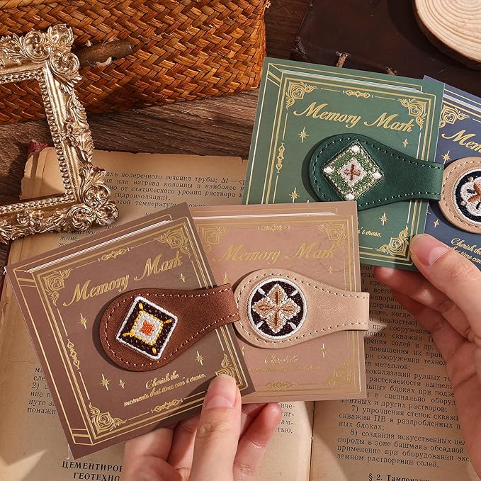 4PCS Vintage Magnetic Leather Bookmark, Leather Magnetic Bookmarks for Women, Magnetic PU Bookmarks Clip Book Accessories, Embroidery Pattern