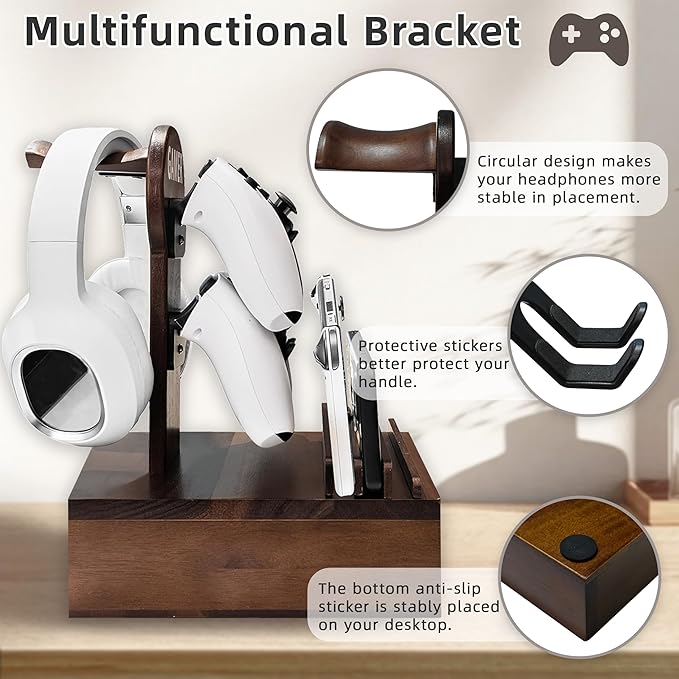 Gamer Wood Controller Holder and Headphone Stand with Storage Drawer for Gaming Equipment,Gamer Gifts for Teenage Boy,Gaming Desk Accessories for Men,Brother,Son,Boyfriend,Husband