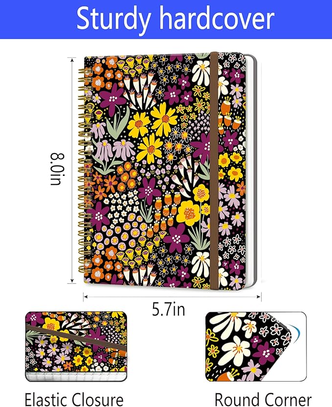 Spiral Journal Notebook, A5 Cute Notebooks for Women Men, College Ruled Hardcover Notebook for Work & Note Taking, 60 Pages Double-Wire Journals for Writing, Colorful Flowers