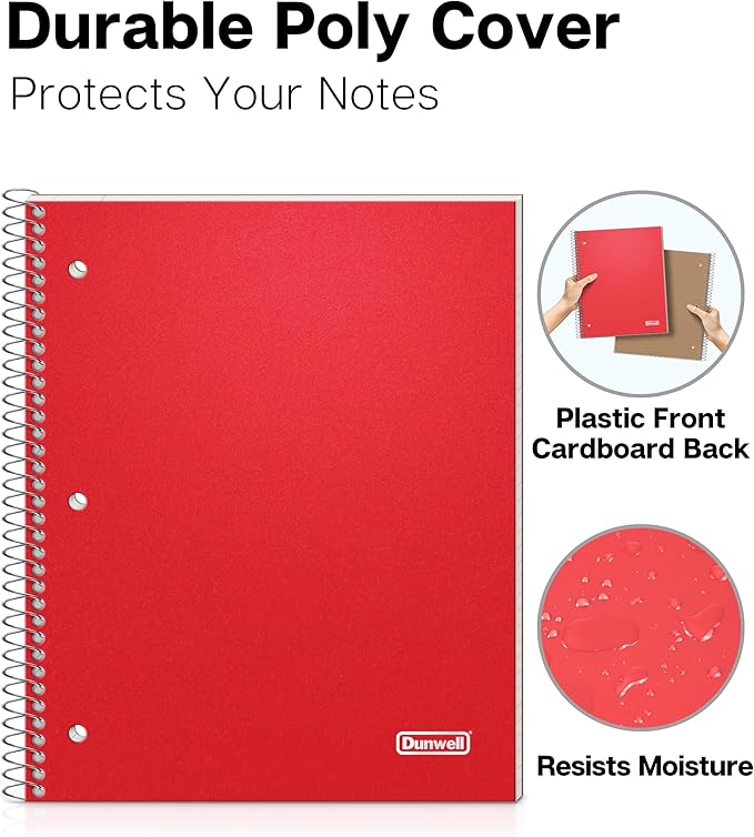 Dunwell 1 Subject Notebook College Ruled (Red), Spiral Notebook 8.5x11 for School, 100 Sheets (200 Pages), Protective Plastic Cover, 2-Pocket Divider, One Subject Note Book 8 1/2 x 11