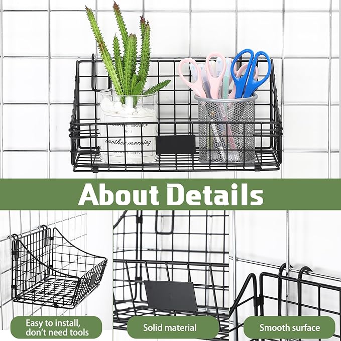 Blulu 4 Pcs Wire Wall Basket, Black Metal Grid Basket with Hooks Wall Hanging Storage Accessory for Vendor Trade Shows Kitchen Bathroom Pantry Supplies(11 x 6 x 5 Inch)