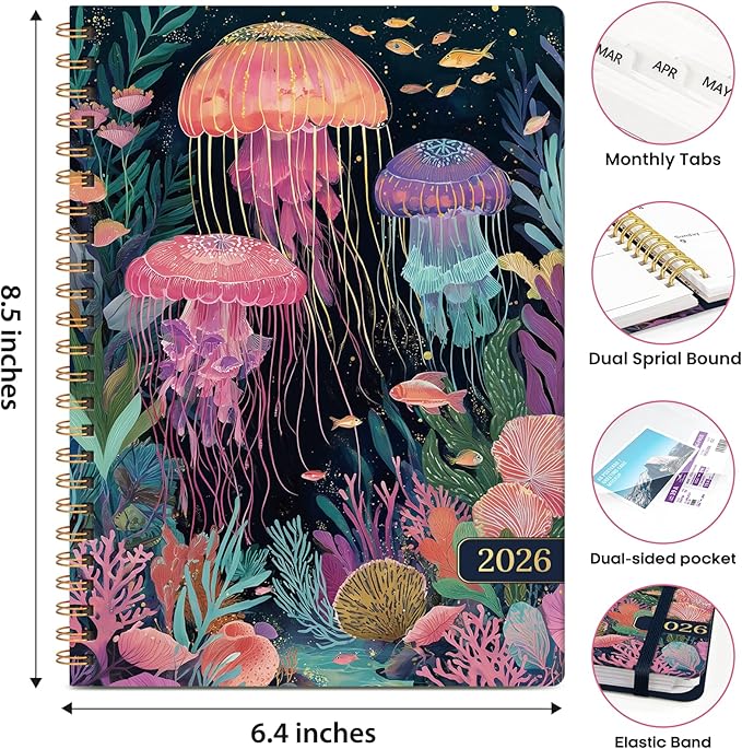 2026 Planner, Weekly and Monthly Calendar Planner Book, January 2026 - December 2026, Hardcover Spiral Planner with Monthly Tabs, Notes Pages, Perfect for Women & Men, A5 (6.4" x 8.5") - Jellyfish