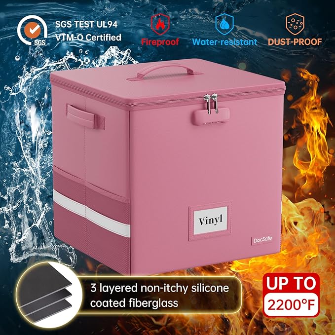 DocSafe Vinyl Record Storage Box with Lock, Fireproof＆Water Resistant Record Organizer for 100+ Single Records(12-inch), Collapsible Storage Crate with Lid&Handles for Valuable Album Collection,Pink